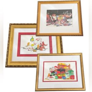 Santa Clause & His Elves Wall Decor Re-Drawn Painted Gold Frames Set of 3
